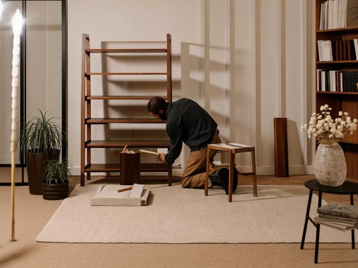 A craftsman assembling a bespoke wooden shelving unit at home